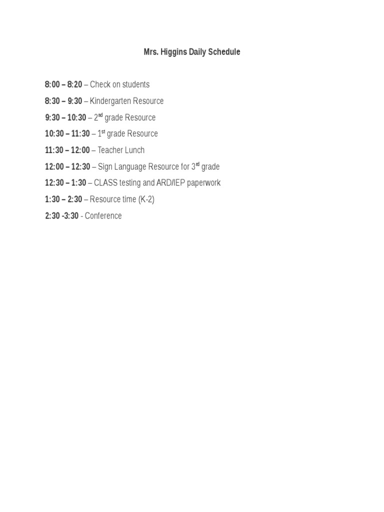 Mrs. Higgins Daily Teaching Schedule | PDF