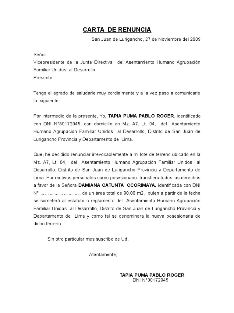 Carta de Renuncia. de Terreno Lote