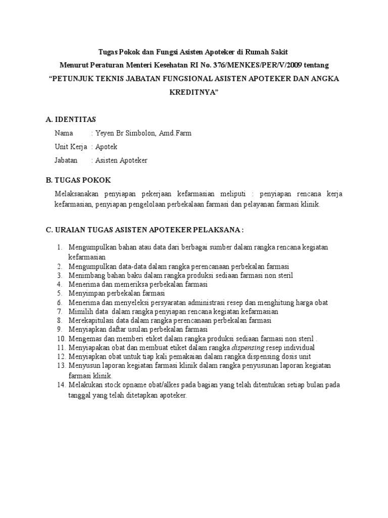 Tugas Pokok Dan Fungsi Asisten Apoteker Di Rumah Sakit Docx Yeyen