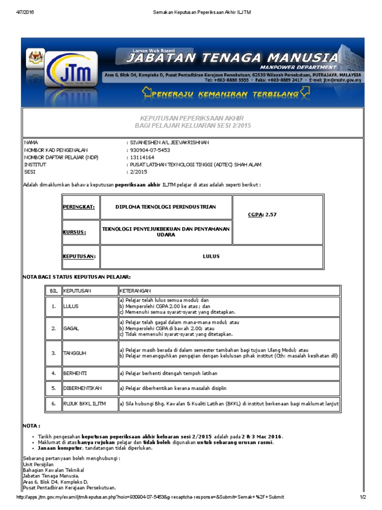 Semakan Keputusan Peperiksaan Akhir ILJTM PDF PDF