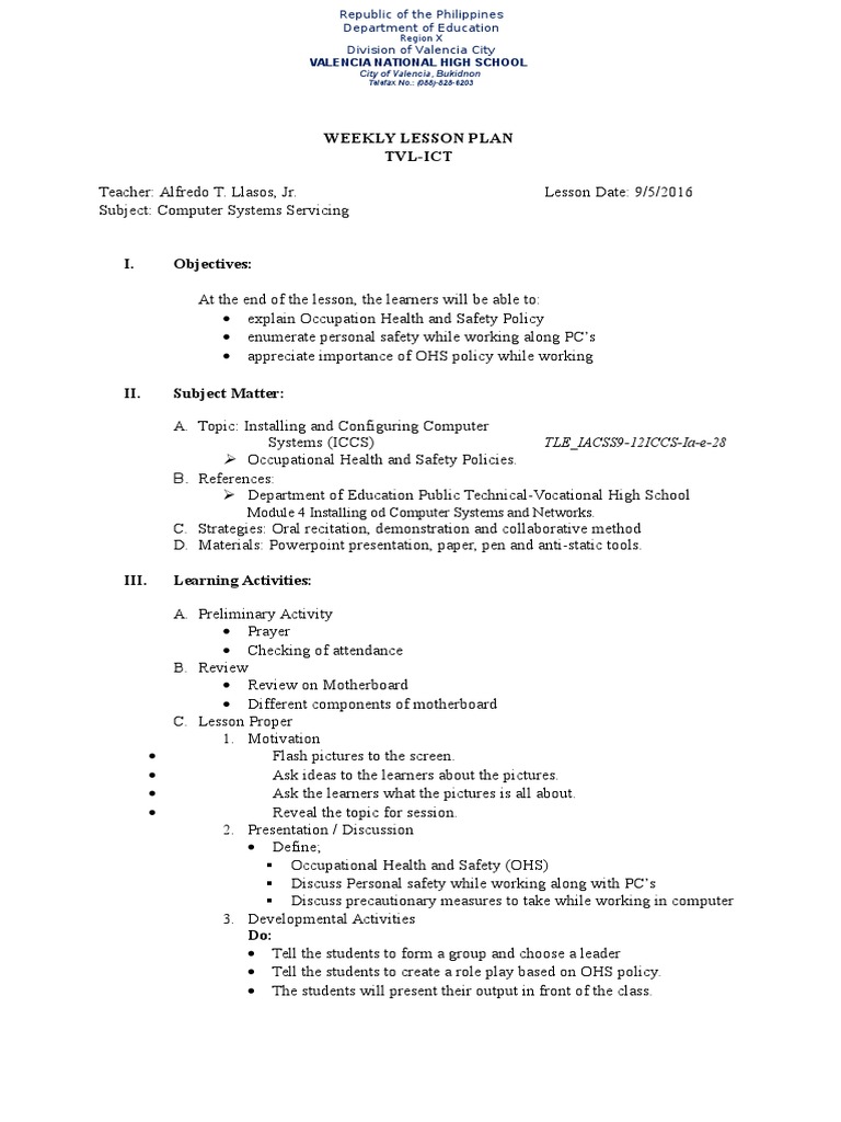 Lesson Plan OHS Procedure | PDF | Lesson Plan | Occupational Safety And ...