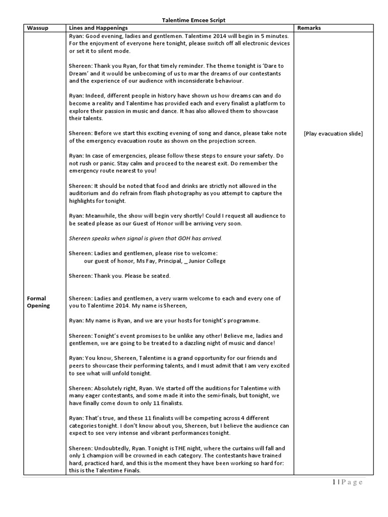 Emcee Trial 2017 Talentime Script 2014 Pdf Singing Entertainment