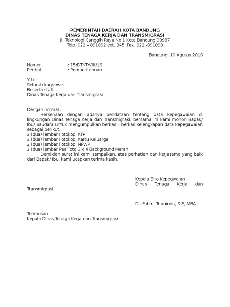 Contoh Surat Tembusan Kepada Kepala Dinas