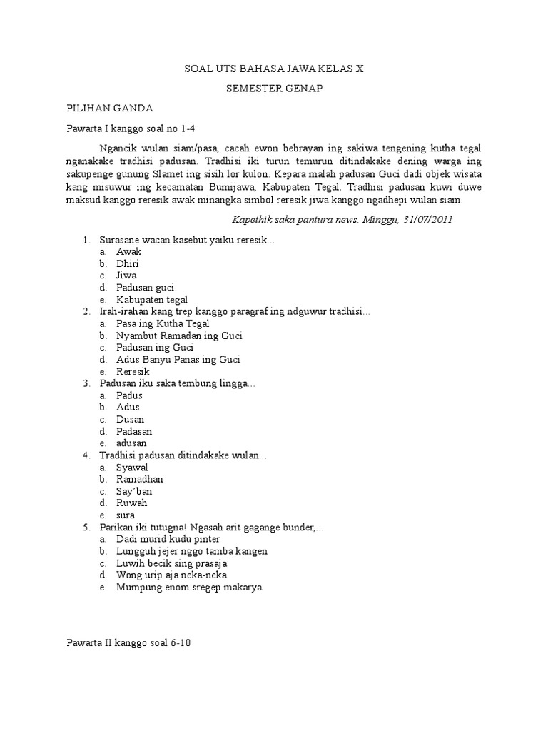 Soal Uts Bahasa Jawa Kelas x