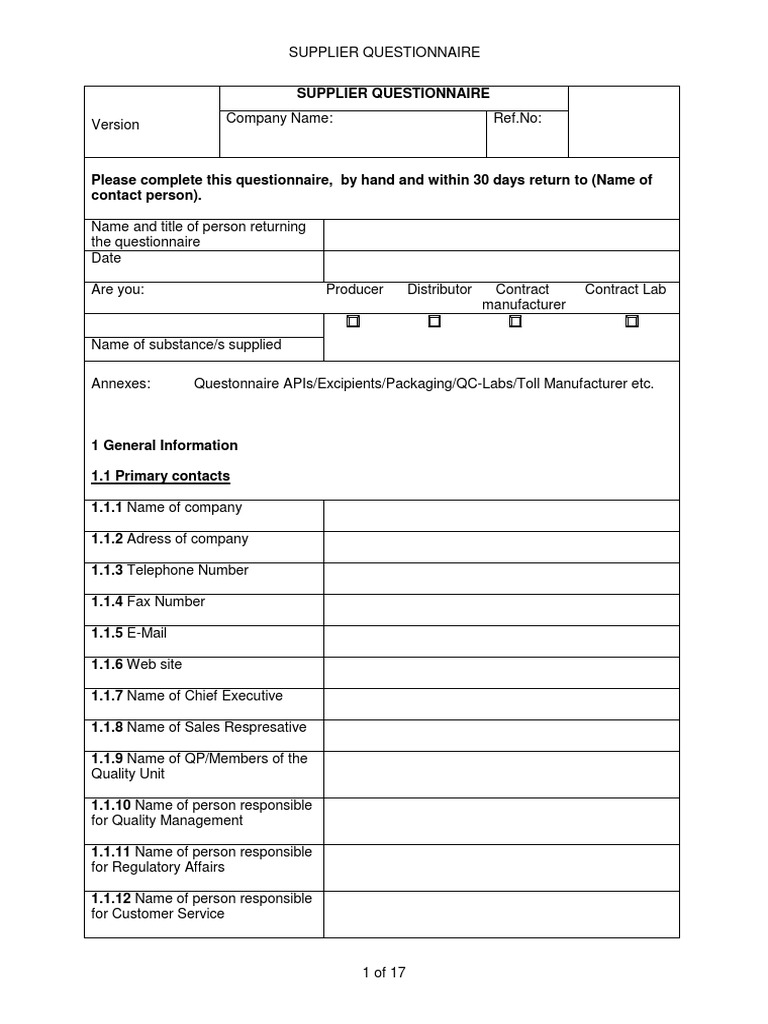 Supplier Questionnaire | Download Free PDF | Calibration | Laboratories
