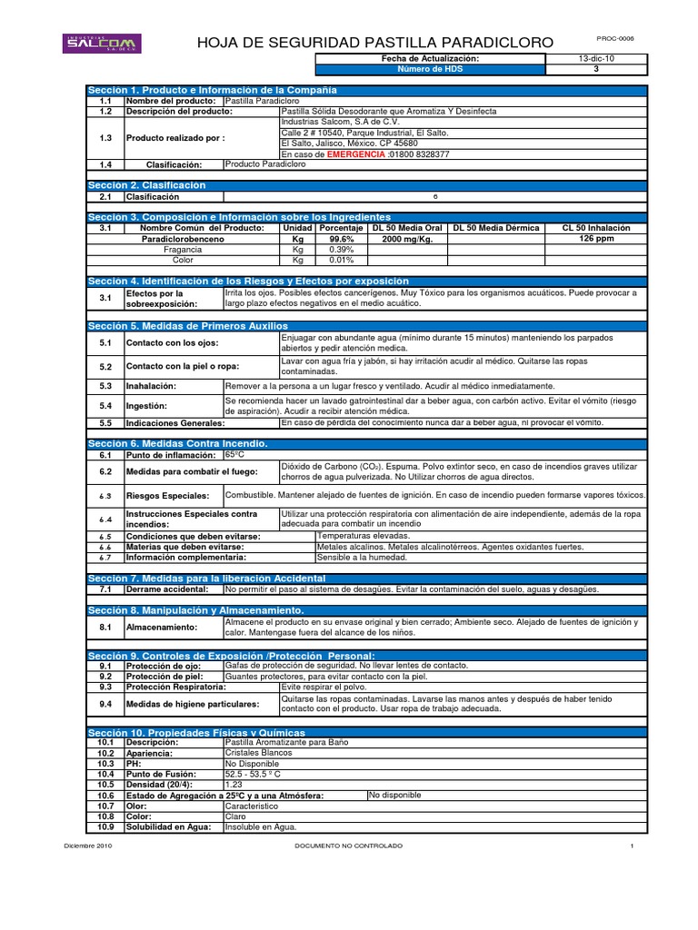Hoja de Seguridad Paradicloro Wiese Dióxido de carbono Agua