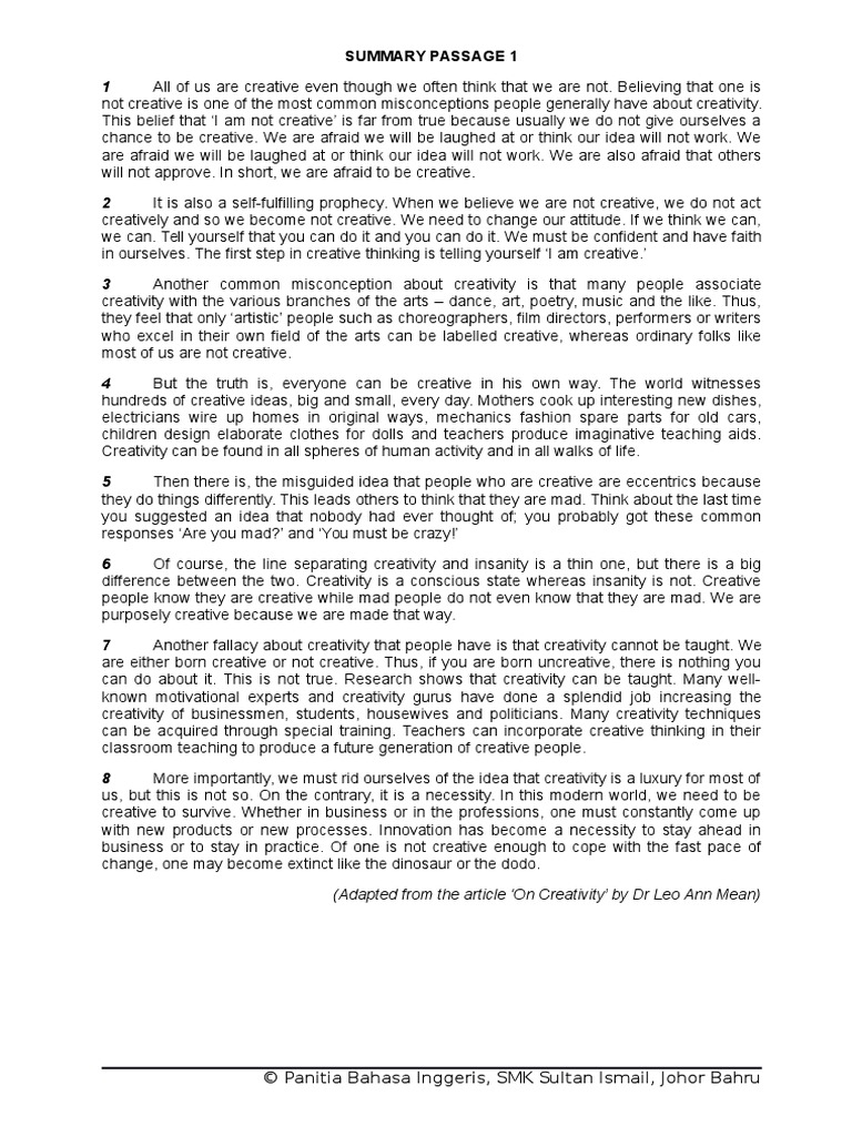 Summary Passage 1 Creativity Teachers