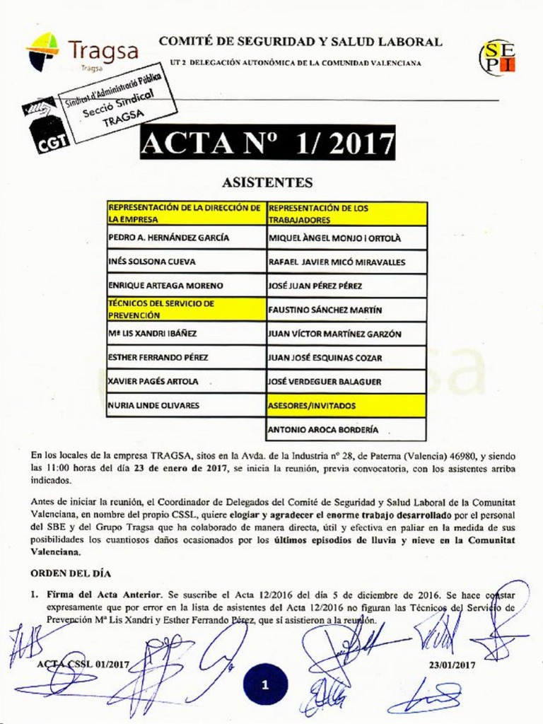 Acta 01/2017 Comité de Seguridad y Salud Laboral Tragsa UT 2 CV | PDF