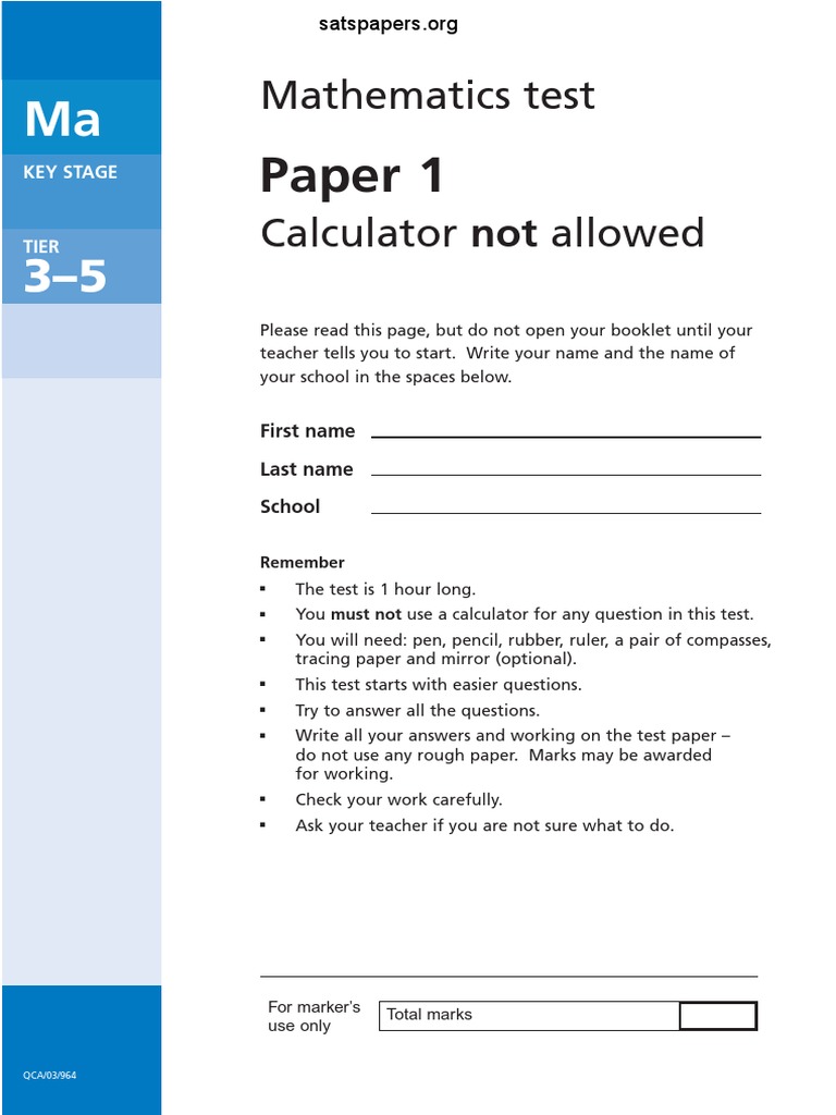 2003 KS3 Maths - Paper 1 - Level 3-5 PDF | PDF | Rectangle | Triangle