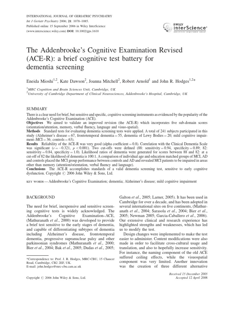 The Addenbrooke's Cognitive Examination Revised ACE R A Brief Cognitive ...