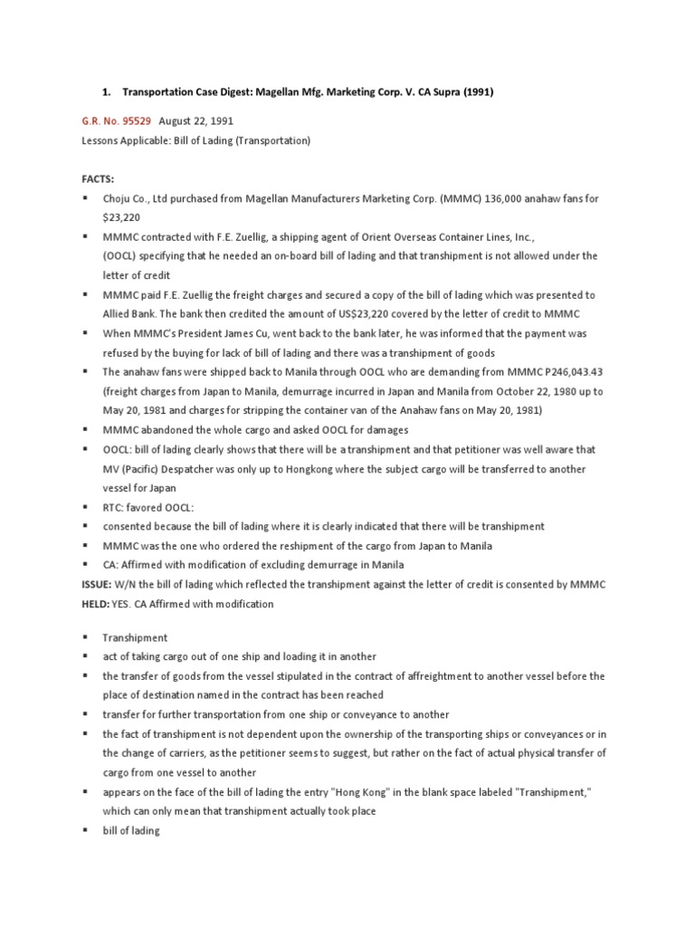 Transportation Law Case Summaries | PDF | Bill Of Lading | Cargo