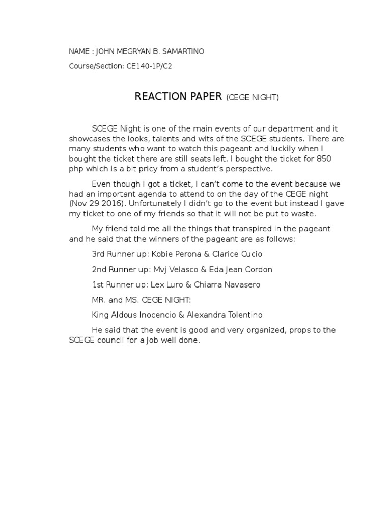 CEGE Night Reaction Paper Summary | PDF