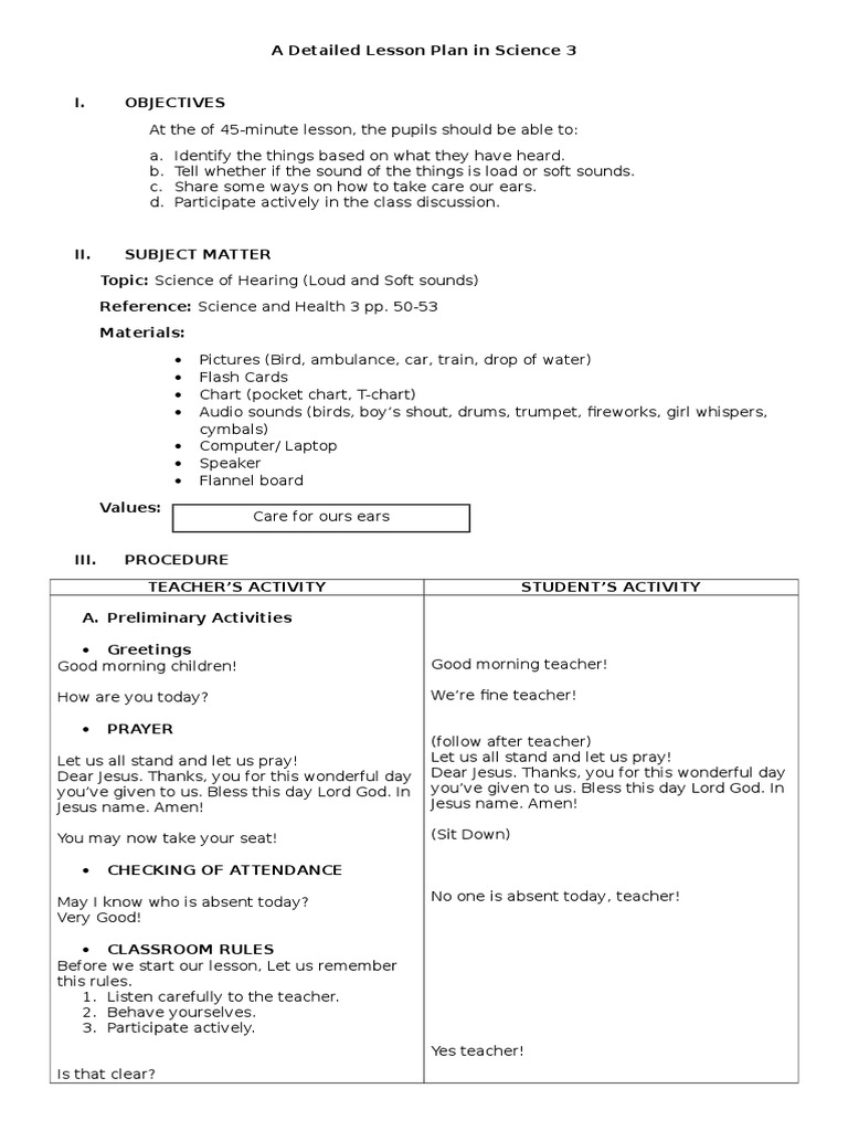 A Detailed Lesson Plan in Science 3 | PDF | Taste | Hearing