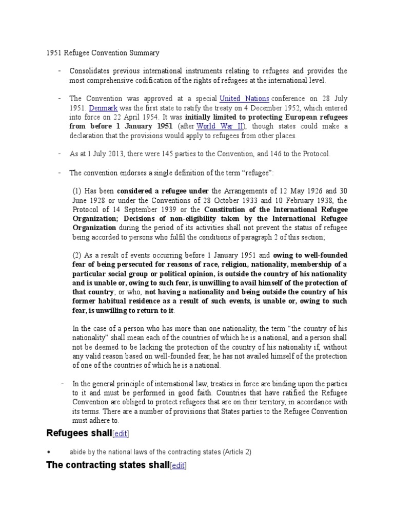 1951 Refugee Convention Summary Refugee Treaty