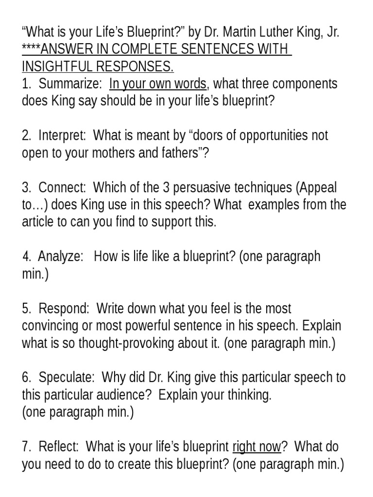 Lifes Blueprint Questions | PDF | Martin Luther King Jr. | Cognition