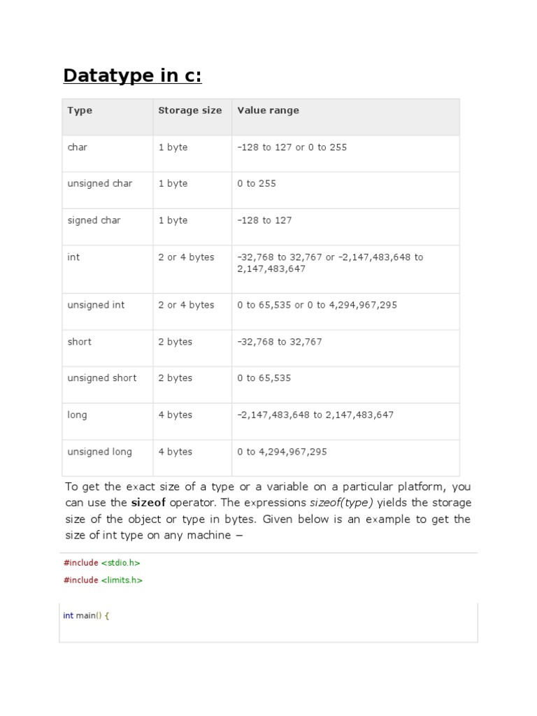 Datatype in C:: Type Storage Size Value Range | PDF