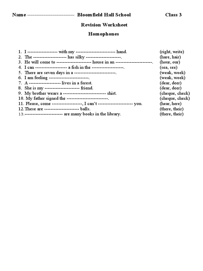 Name - Bloomfield Hall School Class 3 Revision Worksheet Homophones | PDF