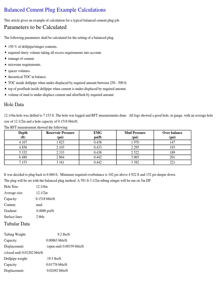 Balanced Cement Plug Example Calculations | Barrel (Unit) | Volume