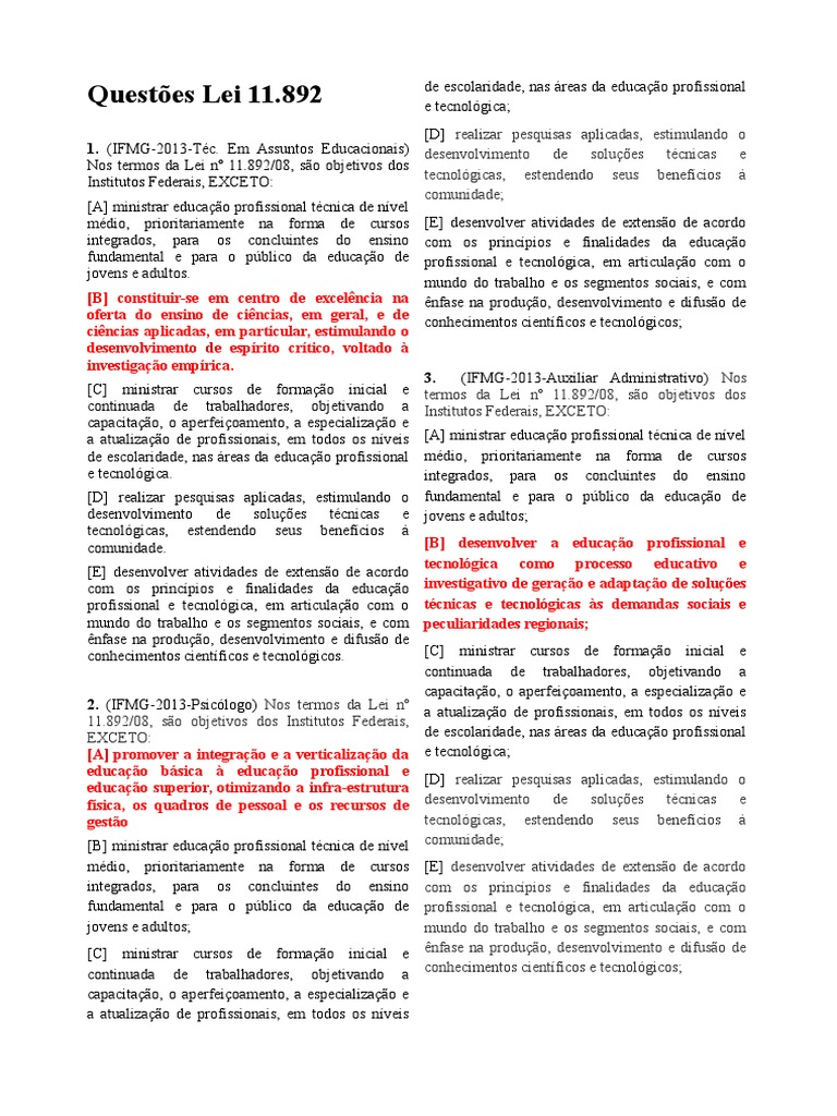 Questões Lei 11.892 | PDF | Ensino Superior | Formação universitária
