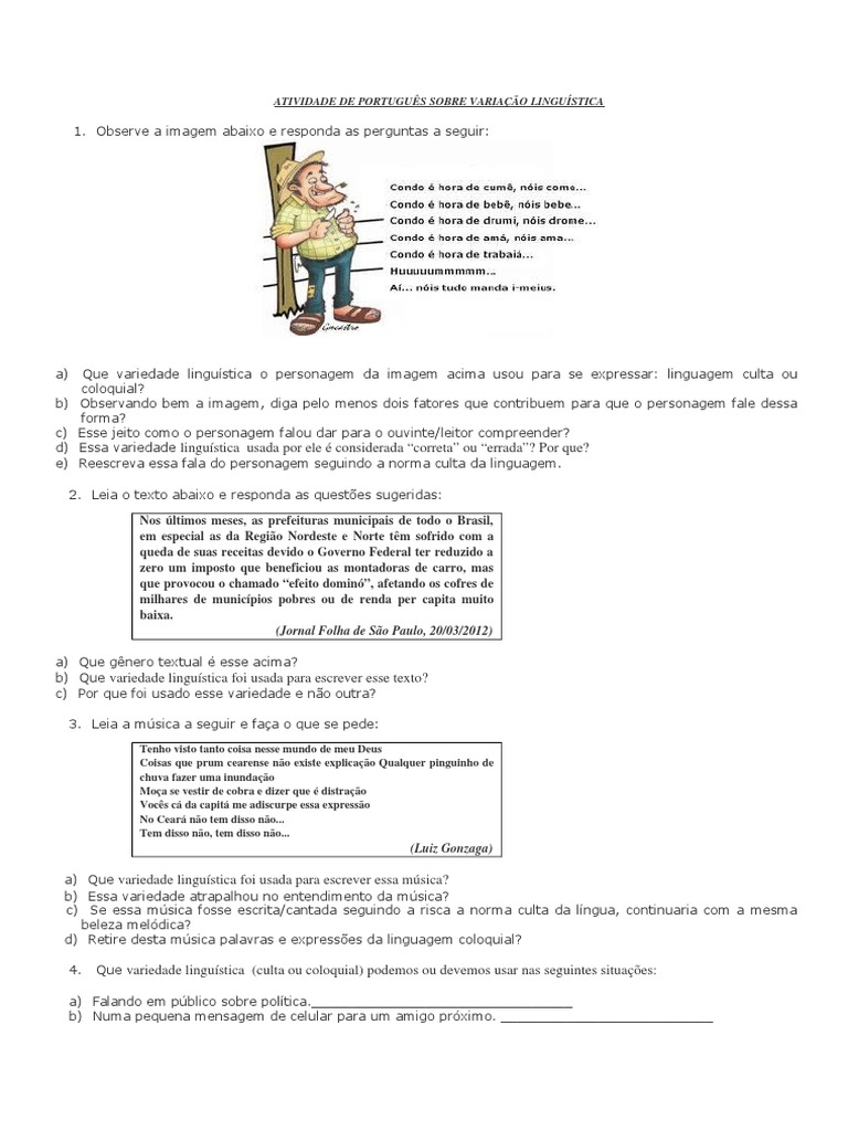 Atividades Variedades Linguisticas Ensino Medio Com Gabarito