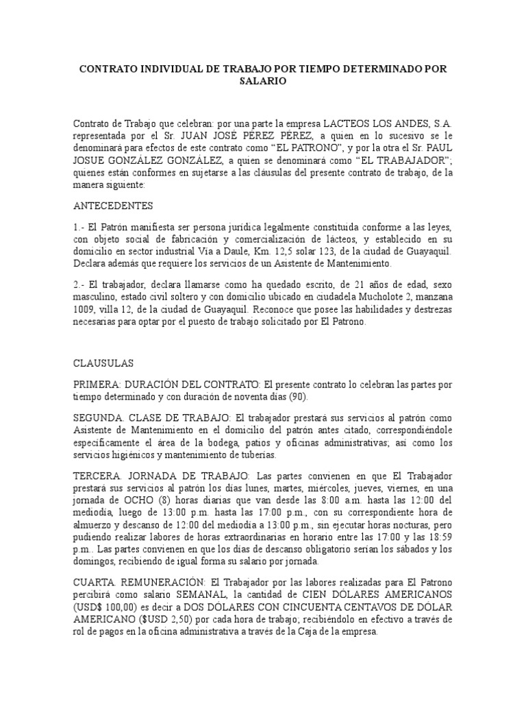 Ejemplos De Clausulas De Un Contrato De Trabajo Para
