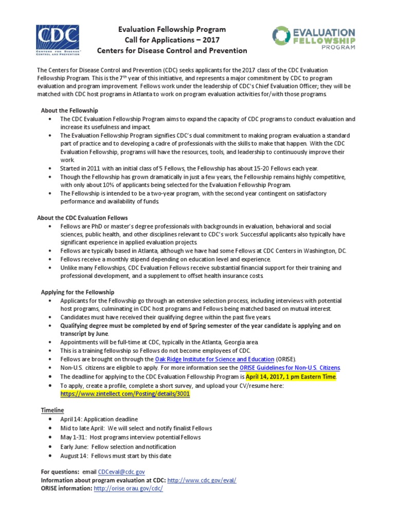 CDC Evaluation Fellowship Program 2017 Centers For Disease Control
