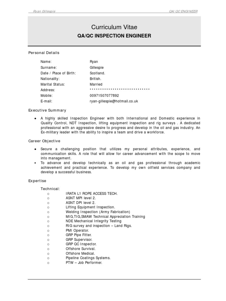 NDT Inspection Engineer CV: Ryan Gillespie | PDF | Crane (Machine ...