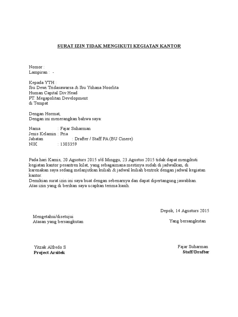 Surat Izin Tidak Mengikuti Kegiatan Kantor Pdf