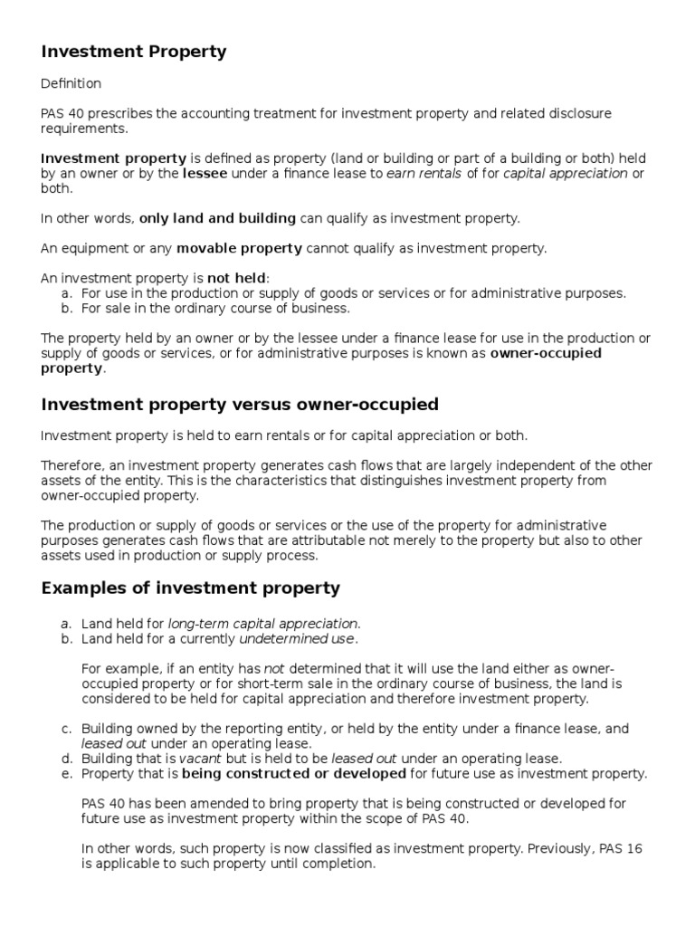 Investment Property Investment Property Is Defined As Property (Land