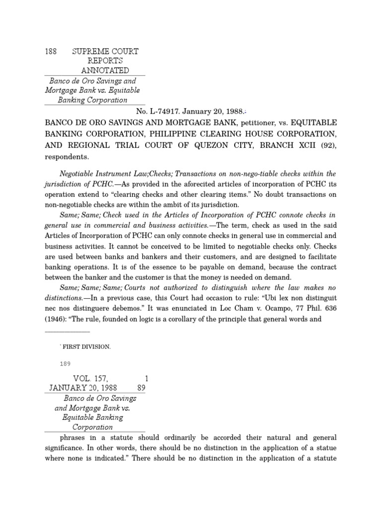 Banco de Oro vs. Equitable Banking Corp., 157 SCRA 188 PDF