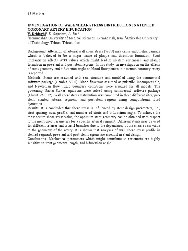 Investigation of Wall Shear Stress Distribution in Stented Coronary ...