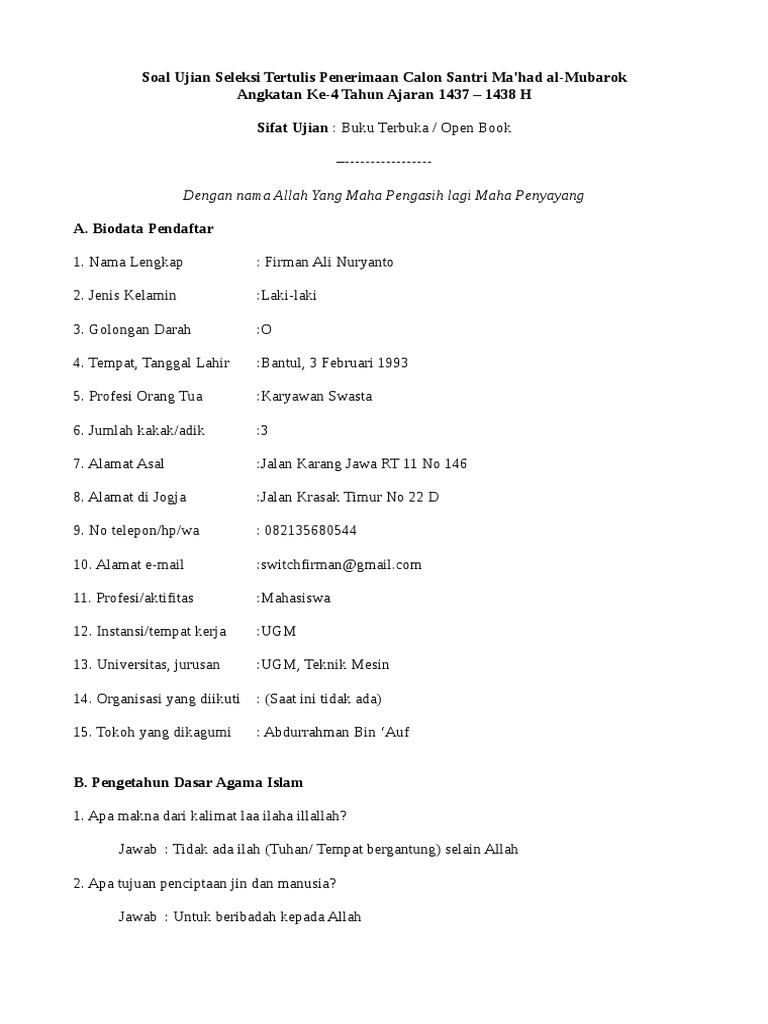 Soal Seleksi Ma Had Al Mubarok