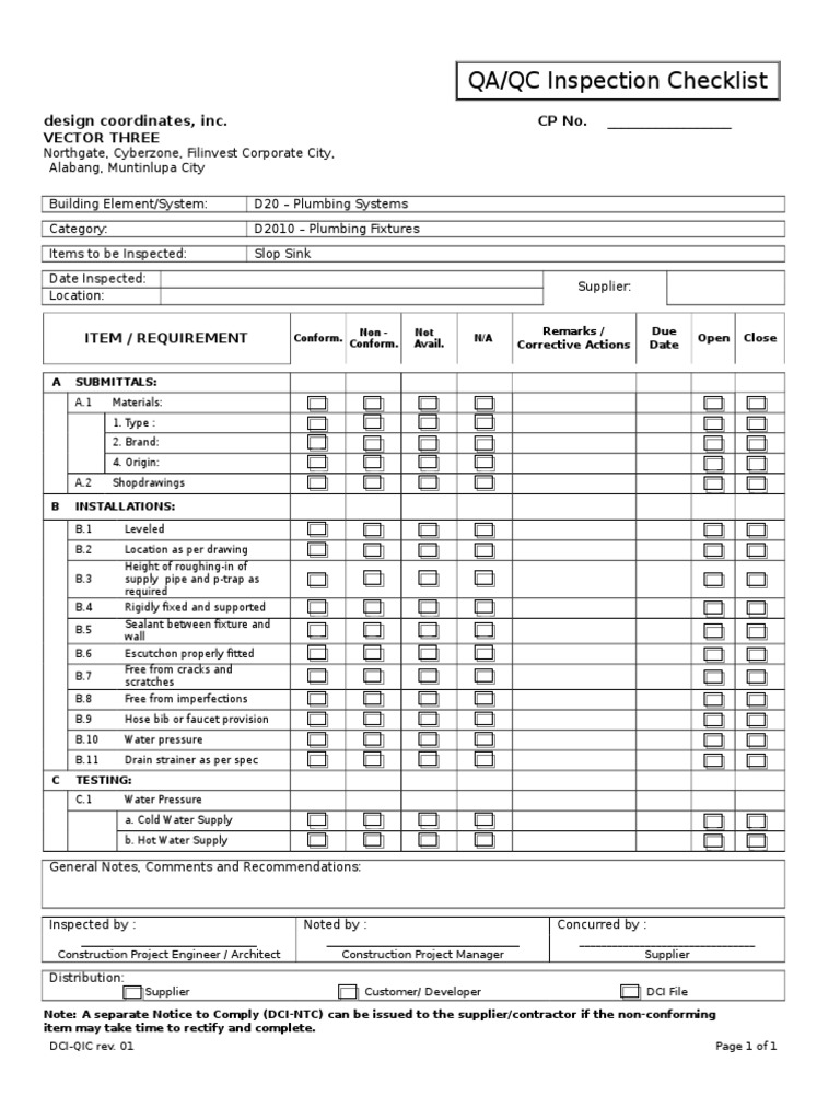 QA/QC Inspection Checklist: Design Coordinates, Inc. CP No. - Vector ...