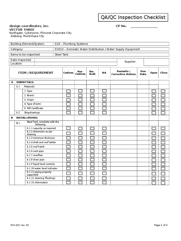 Plumbing QA/QC Inspection Checklist | PDF | Plumbing | Hydraulic ...