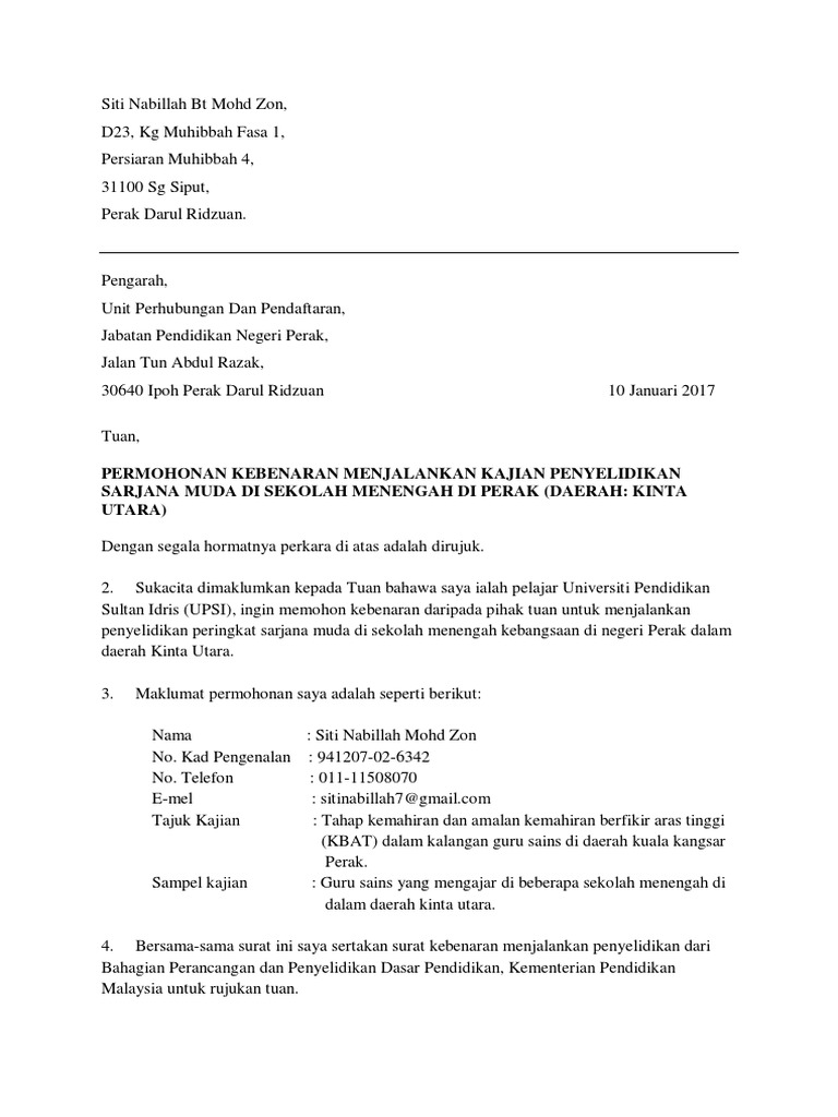 Surat Permohonan Kebenaran Menjalankan Kajian Di Sekolah Peringkat Jpn