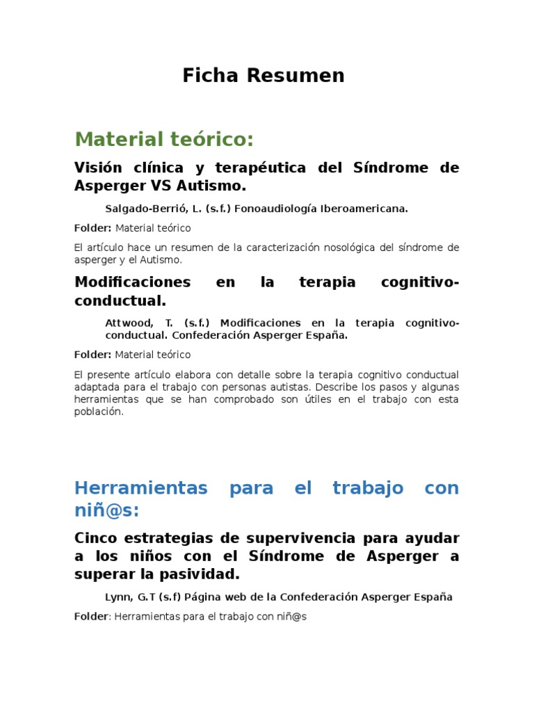 Fichas Resumenes De Textos Sobre Autismo Sindrome De Asperger Habilidades Sociales
