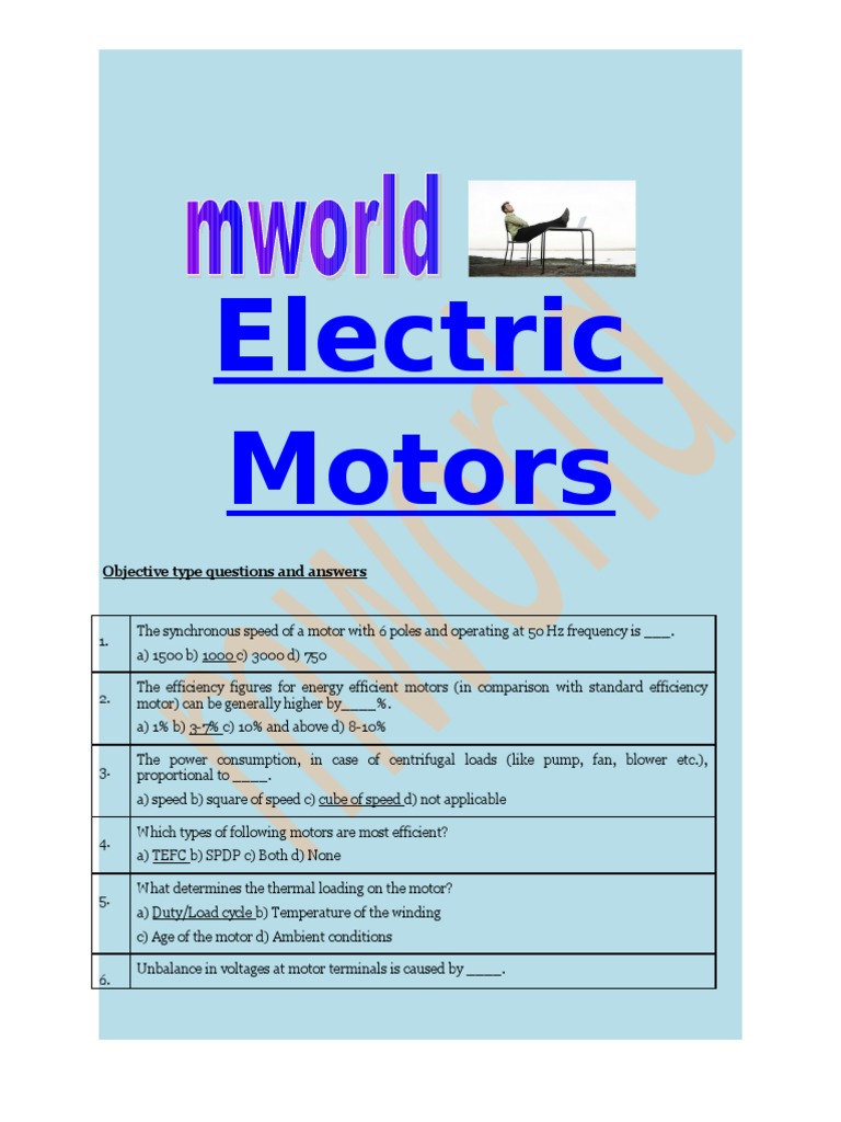 Electric Motors Objective Type Questions and Answers PDF Engines