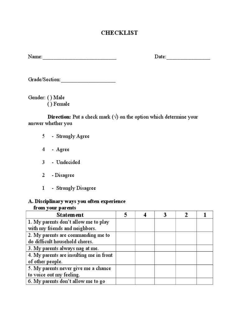 Checklist: A. Disciplinary Ways You Often Experience From Your Parents ...