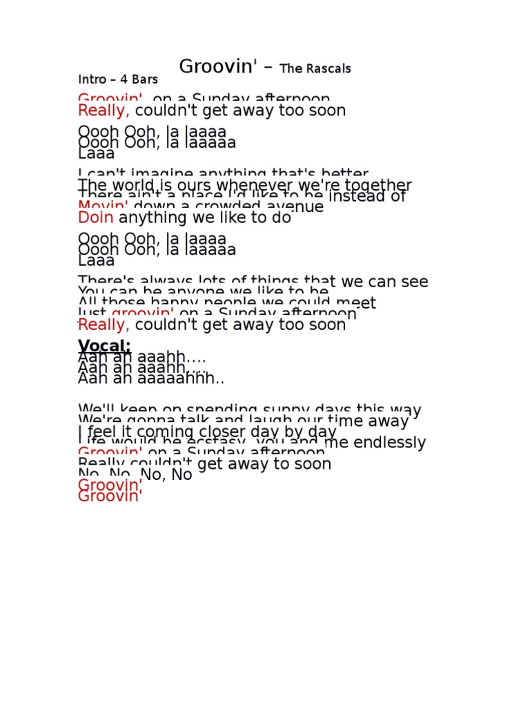Groovin The RAscals Lyrics PDF