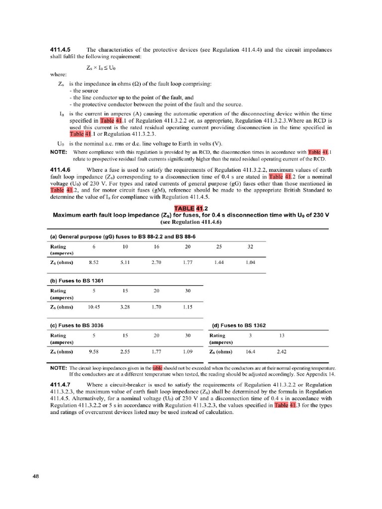 Max Earth Fault Loop Impedance Zs Tables 17th Ed | PDF