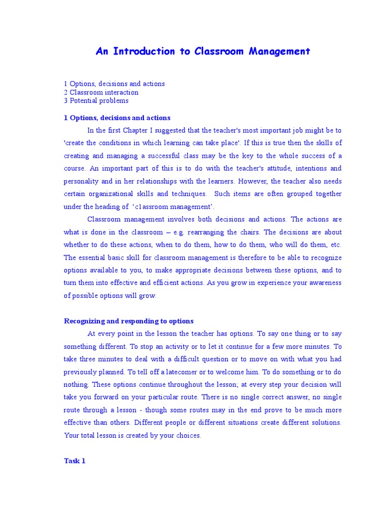 An Introduction To Classroom Management: 1 Options, Decisions and ...