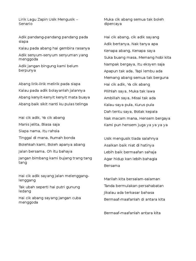 Lirik Lagu Zapin Usik Mengusik