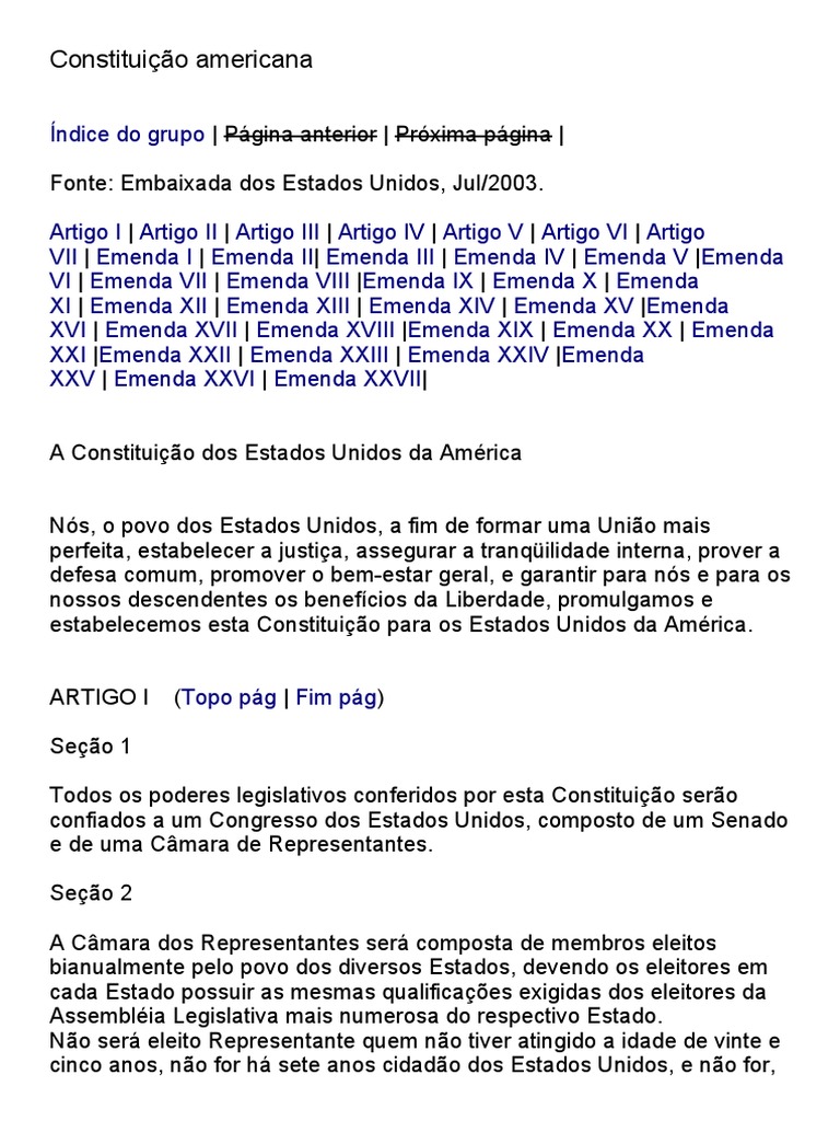 Constituição dos EUA: Estrutura e Artigos | PDF | Senado dos Estados ...