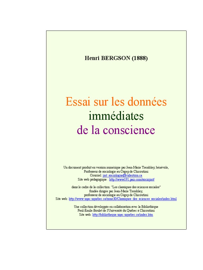 Bergson Essai Sur Les Données Immédiates de La Conscience PDF