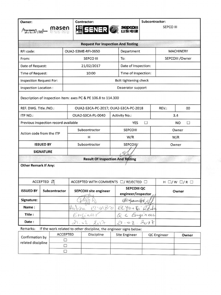 Inspection Request for Machinery Testing | PDF