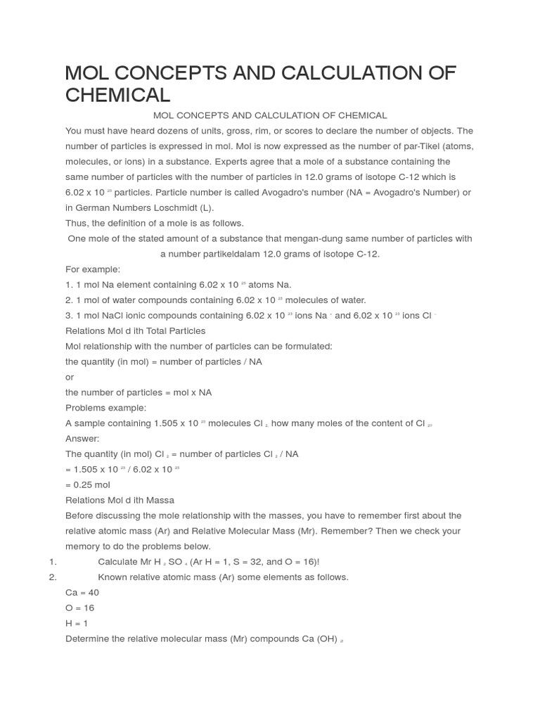 Mol Concepts and Calculation of Chemical | PDF | Mole (Unit) | Gases