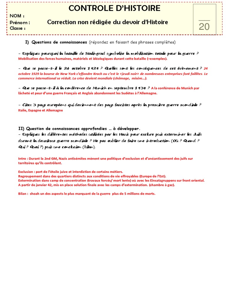 Sujet Brevet Seconde Guerre Mondiale Pdf Corrigé H3 Fce 20-40 2GM Interro 1 np16 Le Corrigé PDF | PDF | Seconde Guerre  mondiale | Troubles