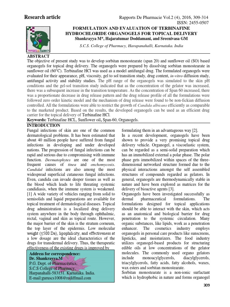 Formulation and Evaluation of Terbinafine Hydrochloride Organogels For ...