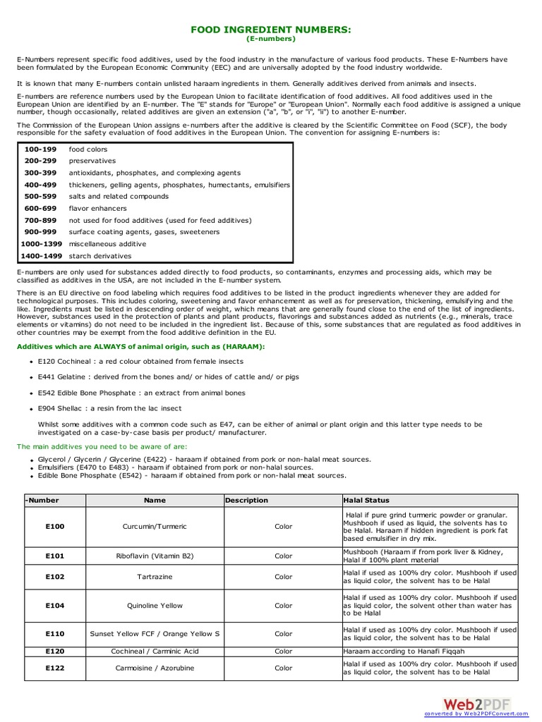 Halal Status of E-Numbers in Food | PDF | Salt (Chemistry) | Fat