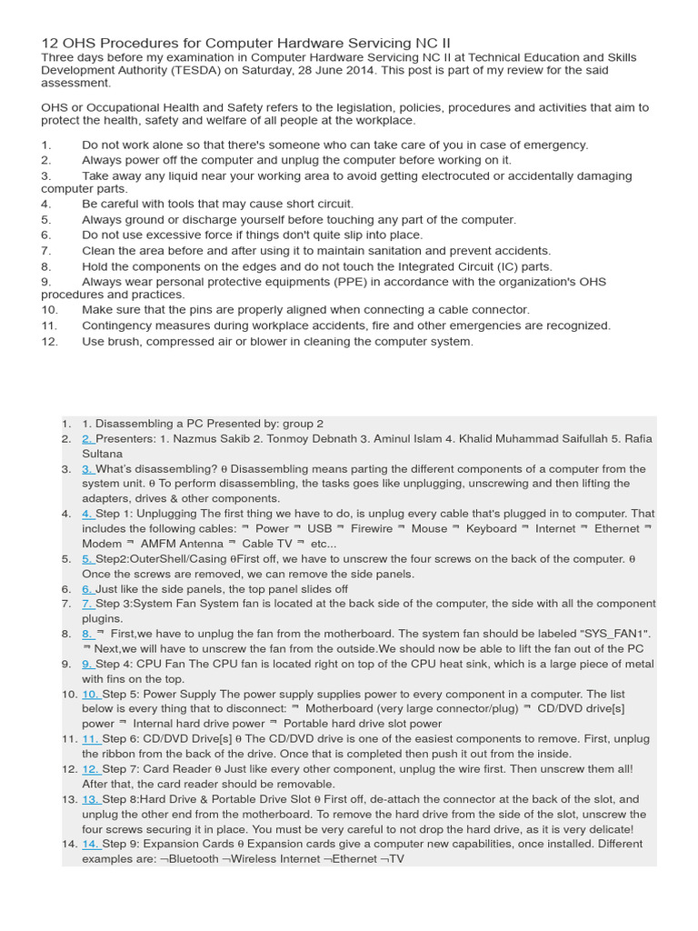 12 OHS Procedures for Computer Hardware Servicing NC II Occupational